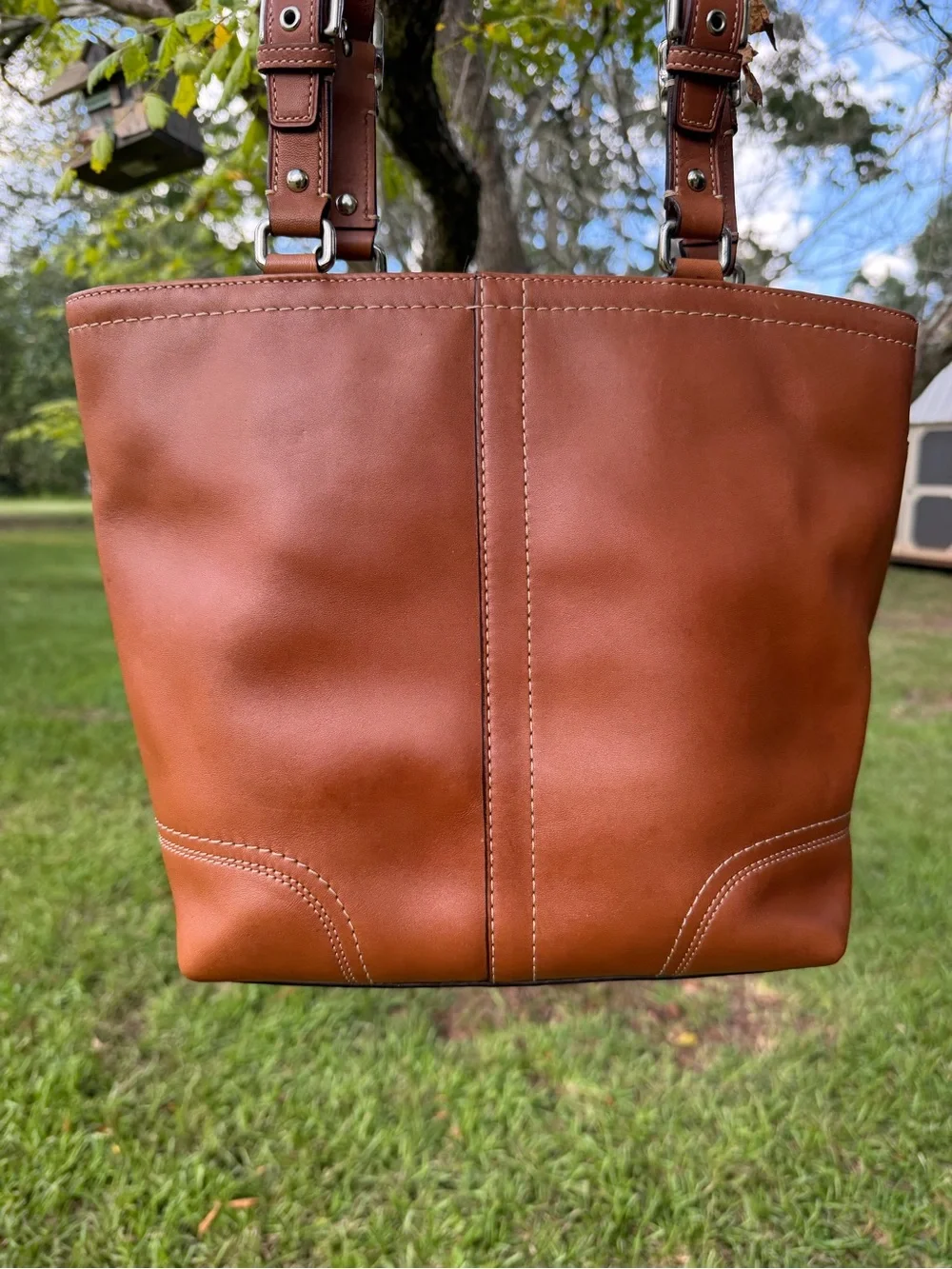Coach Hamilton F13089 Burnished Leather Tote Cognac Brown Bag Dog Charm